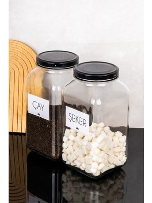 Dolkin Home 2'li 3 Litre Kavanoz Seti Çay Şeker Etiketli 3000 ml Metal Kapaklı Cam Kavanoz Saklama Kutusu Seti