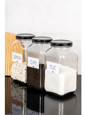 Dolkin Home 3'lü 3 Litre Kavanoz Seti Çay Şeker Tuz Etiketli 3000 ml Metal Kapaklı Cam Kavanoz Seti