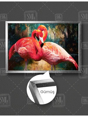SML Tablo Flamingo Tropik Orman Pembe Dev Kuş Yatay Çerçeveli Kanvas Tablo