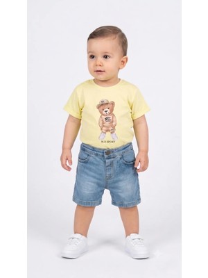 Mini Baray Erkek Bebek Yazlık Omuzdan Çıtçıtlı Pamuklu Kot Şortlu Takım (9-18 Ay)