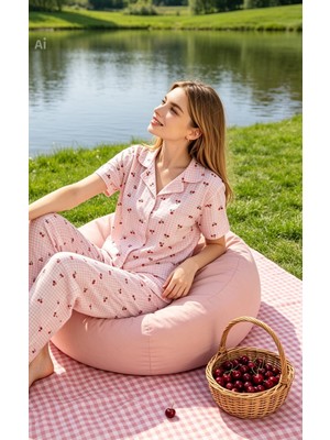 NiCe İç Giyim Kirazlı Pembe Ekose Gömlek Yaka Düğmeli Milan Kumaş Kısa Kol Kadın Pijama Takım