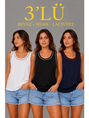 Asmedo Kadın 3’lü Kolsuz Sporcu Atlet Seti Yazlık Bisiklet Yakalı - Siyah, Lacivert, Beyaz
