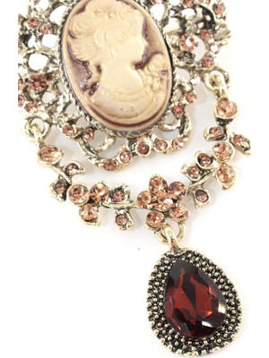 Keeba Kameo Vintage Broş, Garnet Kristal Taşlı Sallantılı Eskitme Bronz Renkli Kadın Yaka Iğnesi