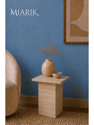 Miarik Design Milan-Traverten Kare Tabla ve Ayak Yan Sehpa