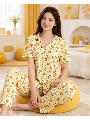 NiCe İç Giyim Kalp Desen Sarı Renk Gömlek Yaka Düğmeli Kısa Kol Milan Kumaş Kadın Pijama Takım