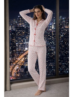 Sude Homawear %100 Pamuk Üst Kurdale Süslü Uzun Kol Bayan Pijama Takımı