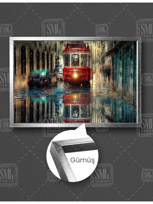 SML Tablo Yağmurlu Havada Sokak Arasından Geçen Kırmızı Tramvay Yatay Çerçeveli Kanvas Tablo