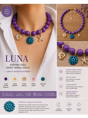 Sinem Şanlı Atelier Luna Süryani Taşlı Deniz Temalı Nazar Şans ve Güneş Figürlü Mor Boncuklu Kolye 40+5 cm