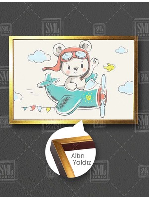 SML Tablo Helikopterle Uçan Bebek Ayı Bebek Odası Yatay Çerçeveli Kanvas Tablo