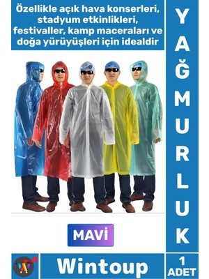 Wintoup #yağmurluk Su Geçirmez Şeffaf Kapüşonlu Pratik Dayanıklı Festival Konser Kullan At Yağmurluk Mavi