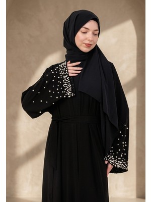 Marles Siyah İnci ve Taş Işlemeli Kuşaklı Abaya - Ferace