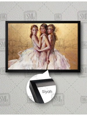 SML Tablo Yaldız Fon Önünde Abiye Elbiseli Üç Kız Fashion Moda Kanvas Yatay Çerçeveli Kanvas Tablo