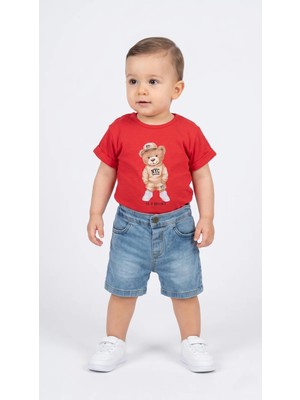 Mini Baray Erkek Bebek Yazlık Omuzdan Çıtçıtlı Pamuklu Kot Şortlu Takım (9-18 Ay)