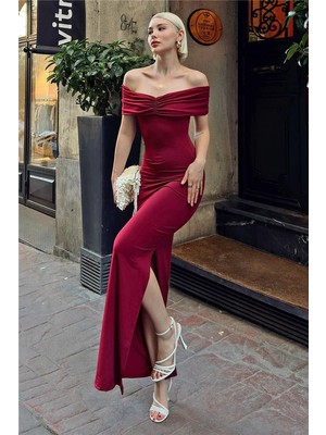 Swist Bordo Nico Drapeli Madonna Yaka Yırtmaçlı Kadın Midi Elbise
