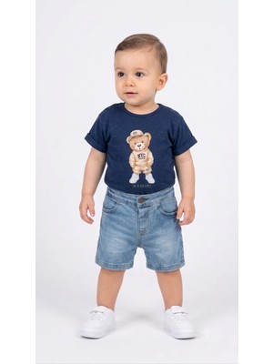 Mini Baray Erkek Bebek Yazlık Omuzdan Çıtçıtlı Pamuklu Kot Şortlu Takım (9-18 Ay)