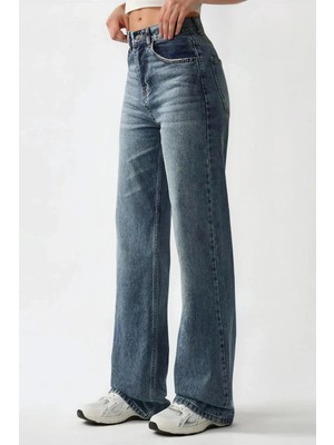 Hiccup Kadınlar Yüksek Bel Düz Paça Kot Pantolon Orta Mavi Denim