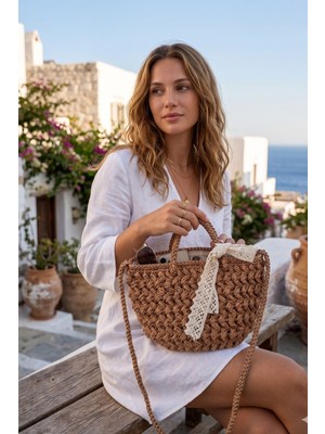 Vivazzaluxe Santorini Model Dantel Detaylı Yazlık Kadın El & Omuz Çantası (%100 El Işçiliği)