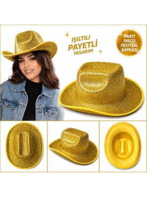 TeknoKapsül Parlak Altın Gold Kovboy Şapka Kadın Erkek Parti Disco Festival Şapkası