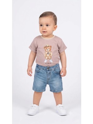 Mini Baray Erkek Bebek Yazlık Omuzdan Çıtçıtlı Pamuklu Kot Şortlu Takım (9-18 Ay)