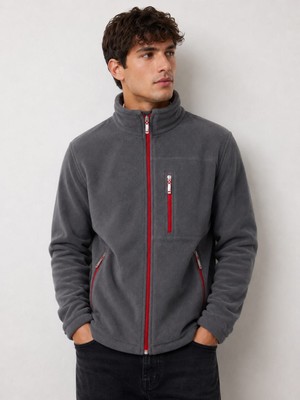 Dsnm Bizim Terzi Dsnm Füme Kırmızı Fermuarlı  3 Cepli Slim Fit Anti Pilling Tüylenme Yapmaz Hava Geçirmez Soft Shell Polar