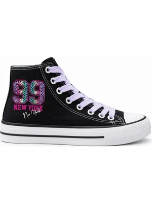 Ymn Ayakkabı Leopar Desenli 99 Baskılı Lila Bağcıklı Bilekli Siyah Çocuk Sneaker
