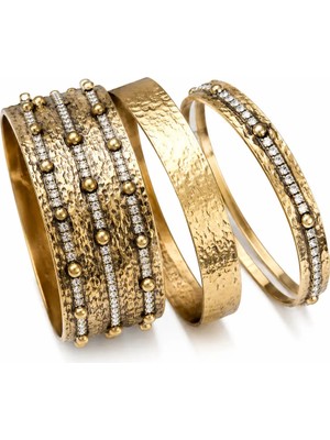 Nergis Collection Premium Vintage Taş Detaylı Gold Kelepçe Bileklik Seti