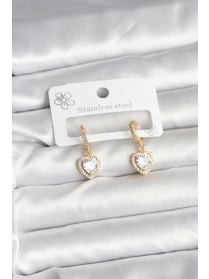 Tios Shop Krm Pirinç Gold Renk Zirkon Taşlı Kalp Model Kadın Küpe Krm