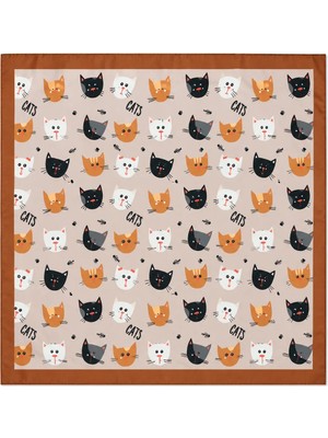 Nergis Collection Kedi Desenli 50X50 Saten Fular Kadın Boyun Fuları Kahve Tonlu