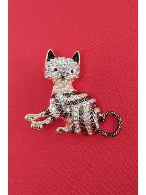Keeba Kraliçenin Oyun Arkadaşı Kedi Broş, Gold Renkli Kristal Taşlı Kadın Yaka Iğnesi