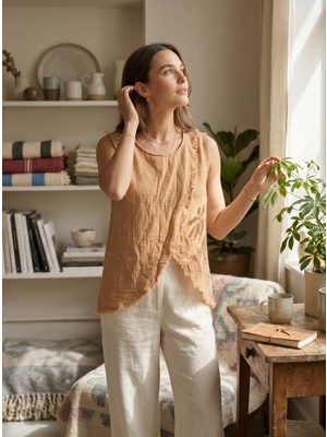 DNRYSL Kadın %100 Pamuk Müslin Asimetrik Kesim Bluz - Standart Beden (34-40 Uyumlu)