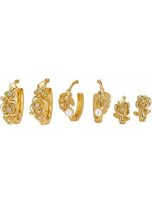 Xuping 14K 6 Lı Çiçek ve Inci Detaylı Küpe Seti