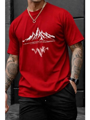 Oksit Mountains Baskılı Bisiklet Yaka Pamuklu Erkek T-Shirt Rahat Kesim