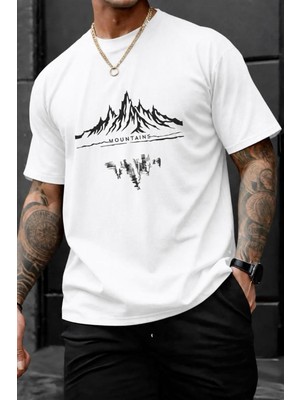 Oksit Mountains Baskılı Bisiklet Yaka Pamuklu Erkek T-Shirt Rahat Kesim