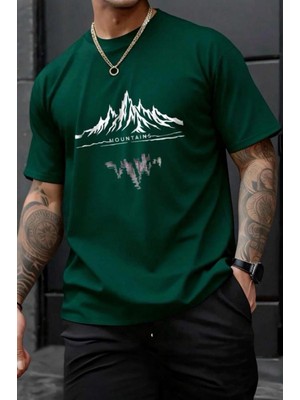 Oksit Mountains Baskılı Bisiklet Yaka Pamuklu Erkek T-Shirt Rahat Kesim