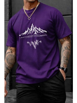 Oksit Mountains Baskılı Bisiklet Yaka Pamuklu Erkek T-Shirt Rahat Kesim