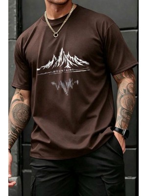Oksit Mountains Baskılı Bisiklet Yaka Pamuklu Erkek T-Shirt Rahat Kesim