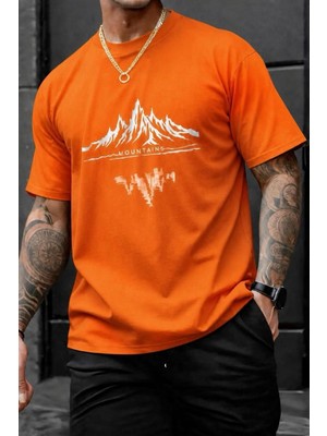 Oksit Mountains Baskılı Bisiklet Yaka Pamuklu Erkek T-Shirt Rahat Kesim