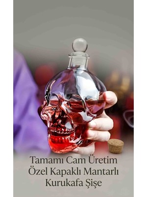 Wolawood Tamamı Cam 3D Kurukafa Şişe – Kapaklı Gotik Tasarım Fantastik Dekoratif Kafatası Figürlü Özel Koleksiyonluk Cam Obje