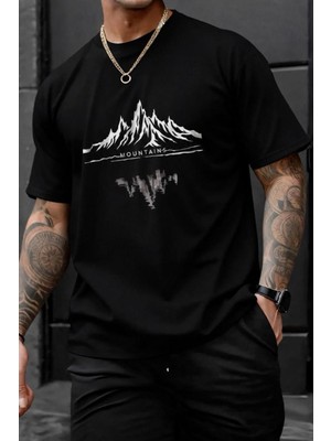 Oksit Mountains Baskılı Bisiklet Yaka Pamuklu Erkek T-Shirt Rahat Kesim