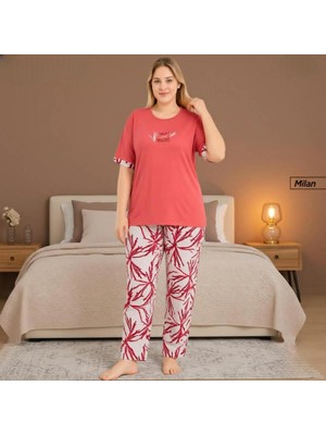 Pijamoni Kadın Milan Büyük Beden Bisiklet Yaka Kısa Kol Ince Pijama Takımı 7665/7K - 1 Adet