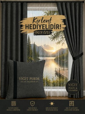Yiğit Perde Tasarım Gri Renk Siyah Biye Geçişli Kadife Dokulu Düz Ekstrafor Büzgülü Fon Perde