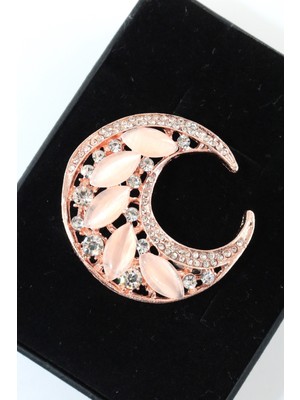 Keeba Gecenin Parıltısı Hilal Broş, Pırlanta Kesim Taşlı Opak Pembe Tonlu Ay Rose Gold Kadın Yaka Iğnesi.