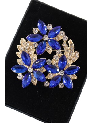 Keeba Yıldızı Çiçeği Broş Safir Mavisi Tonlu Pırlanta Kesim Taşlı Gold Renkli Kadın Yaka Iğnesi Çiçek