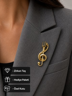 Herşey Nota Gold Renk Mikrofon ve Sol Anahtarı Tasarımlı Kadın Broş – Şık Hediye