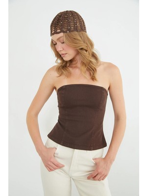 FullaModa Straplez Fermuarlı Peplum Bluz