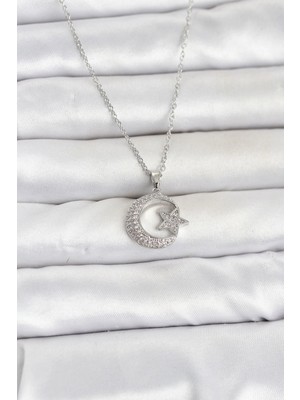 Frefly Store 316L Çelik Zincir Gümüş Renk Ay Yıldız Model Zirkon Taşlı Kadın Kolye