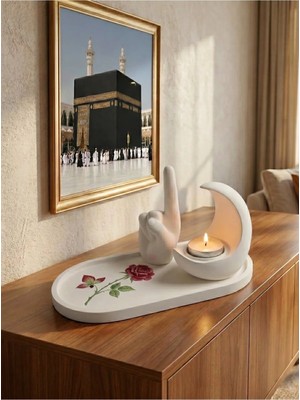 Canseb Elegance Gül Desenli Tepsi, Tevhid Eli Biblo ve Hilal Mumluk Seti (Tealight Mum Hediyeli) Islami Ev Hediyesi Dekoratif Hediyelik