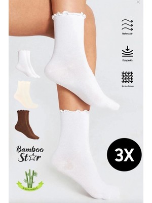 Bamboo Star Bambu Kadın Fırfırlı Lastiksiz Dikişsiz Kadın Soket 3lü Asorti Çorap/iz Bırakmaz Sıkmayan Çorap