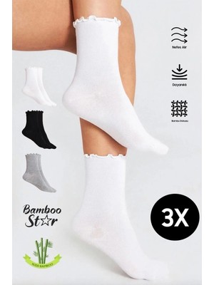 Bamboo Star Bambu Kadın Asorti Fırfırlı Lastiksiz Dikişsiz Kadın Soket 3lü Çorap/iz Bırakmaz Sıkmayan Çorap