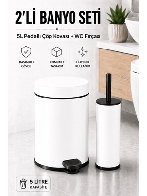 Sas Haus Pedallı Çöp Kovası 5 Litre Iç Kovalı Kapaklı Tuvalet Fırçalı Banyo Seti Beyaz - Titan 7105